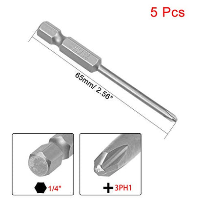 uxcell 5 Pcs 3mm PH1 Magnetic Phillips Screwdriver Bits, 1/4 Inch Hex Shank 2.56-inch Length S2 Power Tool - size: 3.0xPH1