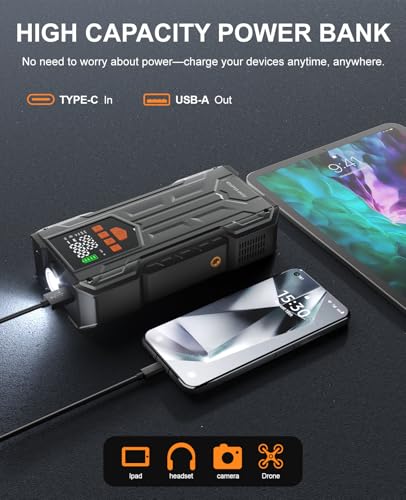 4000A Car Battery Jump Starter with Air Compressor, 150PSI Portable Battery Charger Jumper Starter for Car (9L Gas/8L Diesel) 12V Jump Box with Auto-Shutoff Tire Inflator, Power Bank and Jumper Cables