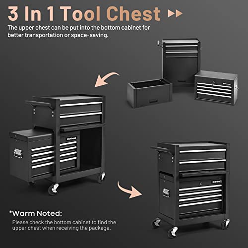 ERGOMASTER Rolling Tool Chest - Removable Top Box Large Bottom Cabinet with Casters and Lock System Tool-Box - Heighten 6-Drawer Black - color: Black, size: 6-Drawers