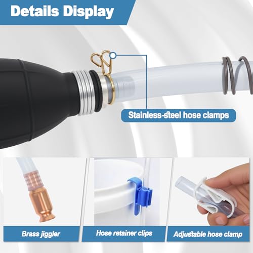 Siphon Hose for Gasoline, 8 Ft 5/8 Inch Hand Siphon Pump Kit with Rubber Pump, Brass Jiggler, Anti-Kink Spring and Shut-Off Clip for Gas, Diesel & Water Transfer - size: 5/8" Siphon Hose Kit