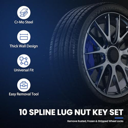 10 Spline Lug Nut Key Set, Thick Wall Spline Socket Set for Wheel Lug Nuts Removal, TA20-17/19, TA20-19/21, TA23-21/22,CR-MO (3 Piece Set) - size: 3PCS Spline Lug Nut Socket Set