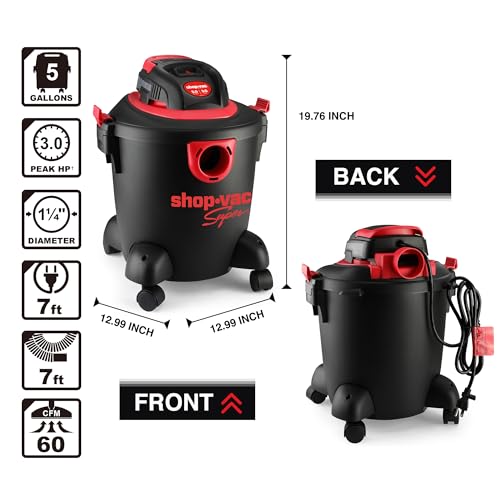 Shop-Vac 2035089 Wet/Dry Vacuum Cleaner, 5 Gallon, 3.0 Peak HP, 1.25 Inch Diameter x 7 Foot Hose, 7 Foot Cord, Ideal for Jobsite, Garage & Workshop