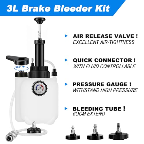 3L Brake Bleeder Kit, Manual Pressure Brake Fluid Bleeder with 1L Waste Bottle, 4 Master Cylinder Adapters, One-Person Brake & Clutch Pressure Bleeder Kit for Cars, SUVs & Light Trucks