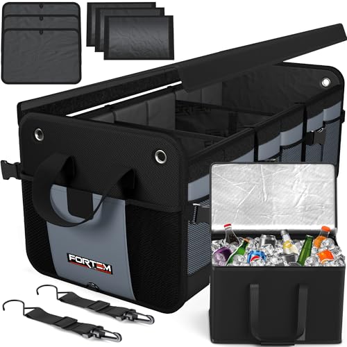 FORTEM Trunk Organizer with Cooler For SUV Car Organizer and Storage, Collapsible Multi-Compartment, Perfect Christmas Gifts For Men, Women, 1680D Oxford, Non Slip Bottom, Straps, Soft Cover 110L - color: Grey, size: Double Extra Large (110L)