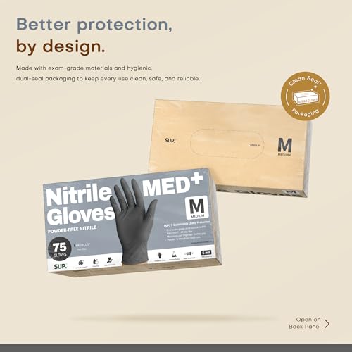 SUP MED+ Black Nitrile Exam Gloves, 5 Mil Disposable Gloves Latex & Powder-Free Medical Food Safe Cooking Glove, 75 or 750 Ct - color: 100 Medium (Black)