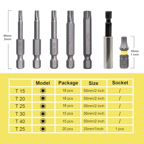 20 PCS T25 Torx Bit Set 1 Inch with an 1 Bit Holder 1/4" Hex Shank | S2 Steel Star Impact Driver Bits, 1/4" Hex Shank Torx Screwdriver Bits for Auto Repair & Deck Building - size: T25-25mm