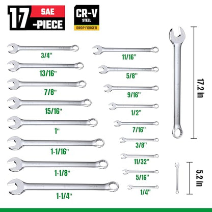 SK Combination Wrench Set, SAE 1/4" to 1-1/4", Metric 6 to 32mm, 42-Piece, SuperKrome Finish, Premium CR-V Construction, with Rolling Pouch - size: Metric&SAE (6 to 32mm & 1/4" to 1-1/4")