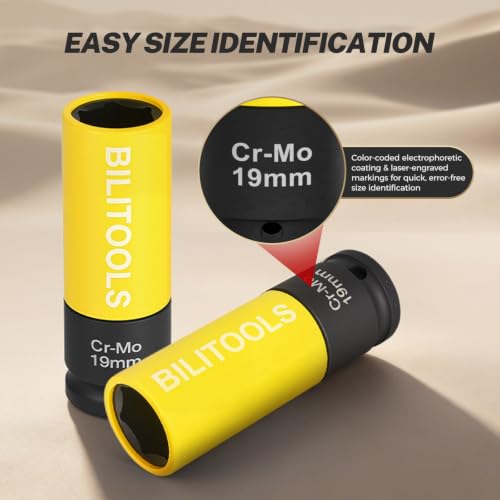 BILITOOLS 19mm Lug Nut Socket, 1/2" Drive Thin Wall Impact Socket | Non-Marring Sleeve, 6-Point Cr-Mo Wheel Socket for Tire Changes, Rims and Auto Repair - size: 19MM
