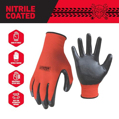 Grease Monkey General Purpose Nitrile Coated Work Gloves, Size Large, 12 Pack,Red