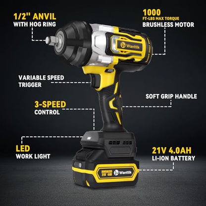 Cordless Impact Wrench 1/2 inch Impact Gun with Charger & 5 Sockets, Brushless Motor, 1000Ft-lbs, 21V, 2x4.0Ah Battery, Variable Speeds for Car/Pickup Truck/Mower/Industrial Tasks - style: 1000 Ft-lbs / 2 xBattery