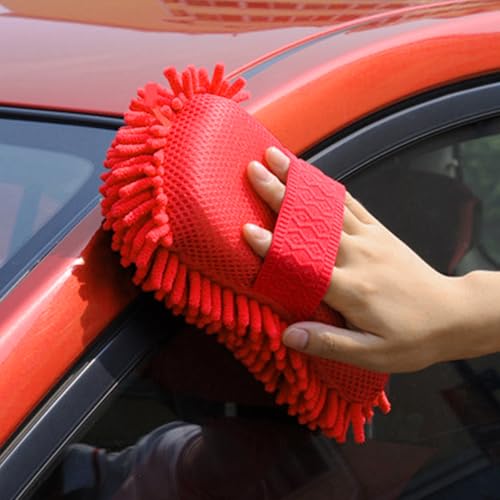 Microfiber Car Wash Sponge, Scratch-Free Vehicle Washing Mitt with Chenille & Mesh Sides, Highly Absorbent Sponge Lint-Free Cleaning Tool for Car Washing & Detailing (Red) - color: Red