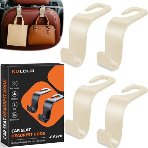 Car Seat Hooks & Purse Holder - 4 Pack Boxed,55 lb Heavy Duty,Eco PP Car Hooks for Purse/Bag/Baby Gear/Gym Bag/Groceries/Cup/,Fits 0.32-0.55”Car Headrest Rods (Beige) - color: Beige