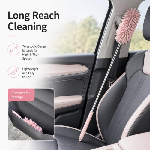 Set of 2 Microfiber Car Dusting Brushes Flexible Adjustable Mini Cleaning Tools Made of Polyester Fiber for Dashboard Vents Pink
