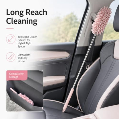 Set of 2 Microfiber Car Dusting Brushes Flexible Adjustable Mini Cleaning Tools Made of Polyester Fiber for Dashboard Vents Pink