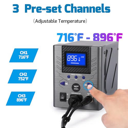 WEP 948D-I 110W High Power Desoldering Station with 4 Desoldering Nozzles, Temperature-Controlled with 3 Pre-set Channels, Tiltable Display, ESD-Safe