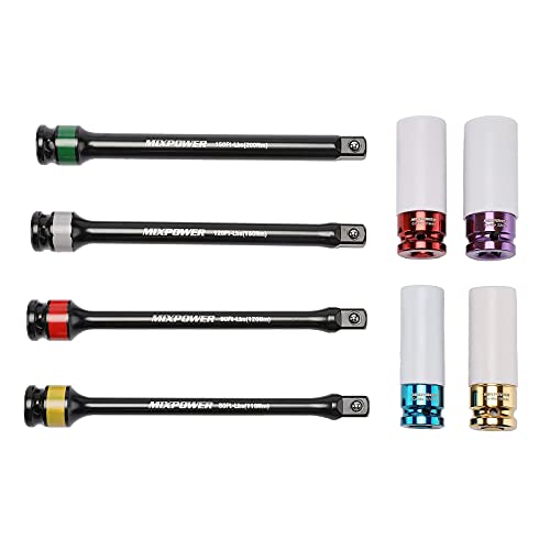 MIXPOWER 1/2-inch Drive Wheel Protector Impact Socket& 8 inch Coded Torque Limiting Socket Extension Bar 8pcs Tire Deep Socket Set, Color-Coded, 80 to 150 Ft-Lbs (110-200 Nm)
