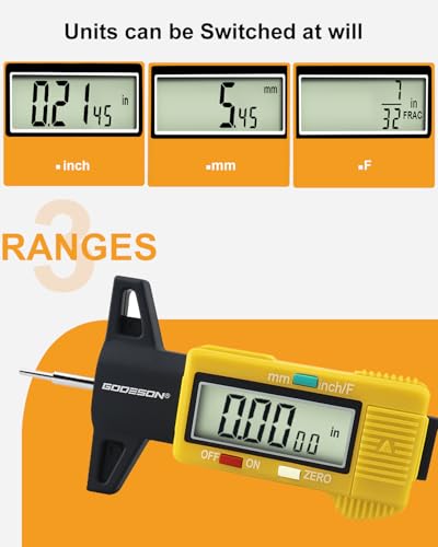 GODESON Yellow Digital Tire Tread Depth Gauge - 3 Modes (32NDS/Decimal Inch/mm), Accuray Zeroable Tread Gauge - Large LCD Display, Professional Tire Depth Measuring Tool for Cars, Motorcycles & Vans - color: Yellow