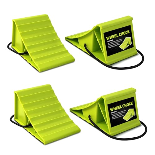ROBLOCK 4 Pairs Wheel Chocks for Travel Trailers, Non Slip Base Heavy Duty Green Camper Wheel Chockwith Rope, Lightweight Wheel Stoppers for Cars, Camper Trucks, RVs, Easy to Carry, Green