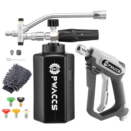 PWACCS Pressure Washer Foam Gun with Dual Connector Accessory, Short Power Washer Gun Foam Cannon and Double Tip Attachment Car Wash Kit, 1/4" Quick Connector, M22 Male Inlet, 4000 PSI, 1.5 Liter - size: 1.5 L
