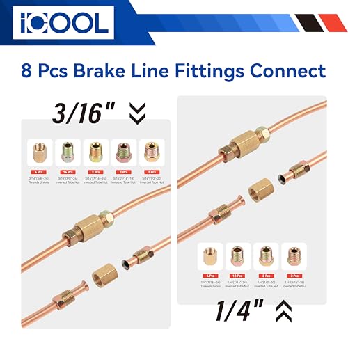 ICOOL 25 ft 3/16" and 1/4" Copper-Plated Brake Line Flaring Tool Kit with 20 Fittings and 4 Unions Brake Line Fittings, Brake Line Kit with Tube Bender and Reamer