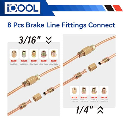 ICOOL 25 ft 3/16" and 1/4" Copper-Plated Brake Line Flaring Tool Kit with 20 Fittings and 4 Unions Brake Line Fittings, Brake Line Kit with Tube Bender and Reamer