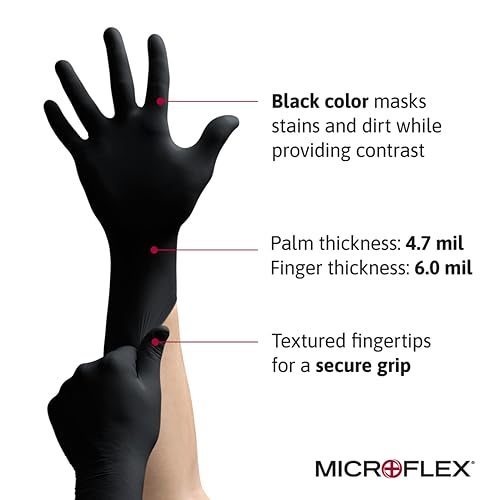 Ansell MICROFLEX MidKnight MK-296 Disposable Nitrile Gloves for Automotive w/Full Texture - Large, Black (Case of 1000) - size: Large (Pack of 1000), style: Thick