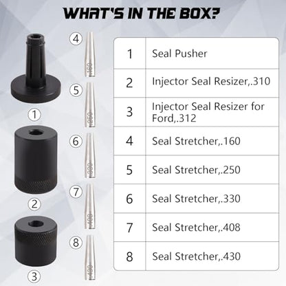 34720 Professional Injector Seal Installer Kit 8Pc for Ford, GM, Subaru Engine Precision Fuel Injector Seal Tool Kit Fits Hitachi, Bosch, Continental, Delphi