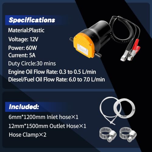 12V 60W Electric Oil Extractor Pump, Auto Overload Protection Oil Change Transfer Pump, Portable Fluid Scavenge Suction Pump for Motor Oil, Gear Oil, Diesel, Cars, Boats, ATVs