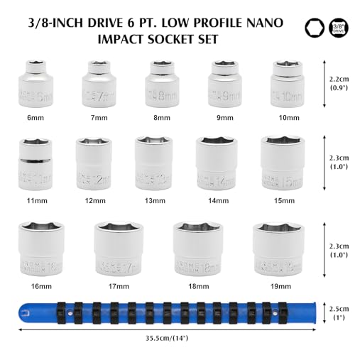 MIXPOWER 3/8" Drive Low Profile Stubby Impact Socket Set with Storage Rails, 14-Piece, 6 Point, 6-19mm, CR-V, Metric, Nano Impact Socket Set - size: 3/8" Dr. Stubby, 6-19mm