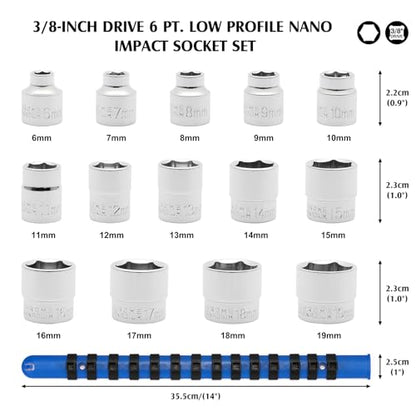 MIXPOWER 3/8" Drive Low Profile Stubby Impact Socket Set with Storage Rails, 14-Piece, 6 Point, 6-19mm, CR-V, Metric, Nano Impact Socket Set - size: 3/8" Dr. Stubby, 6-19mm