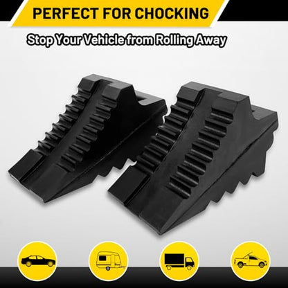 ROBLOCK Solid Rubber Wheel Chocks Heavy Duty Trailer Chock, G.V.W. Up to 8T, 4 Pack Black, 8.6" L x 3.7 W x 4.7" H for Car, Travel Trailers, RV, Truck, and ATV, for All Weather Use - color: 4 Pc Medium