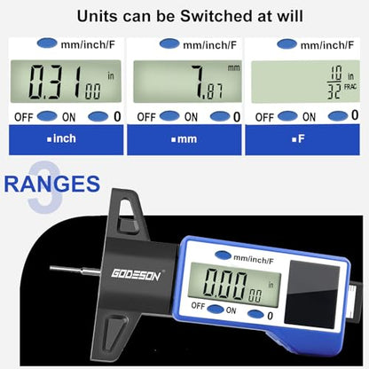 GODESON Digital Tire Tread Depth Gauge – 3 Modes-Fraction/Inch/MM Display, Solar & Battery Hybrid,1” (25.4mm/32NDS) Range, Blue Tire Wear Measure Tool for All Vehicles (Car, Truck, SUV) - style: IN/MM/FRAC - Blue