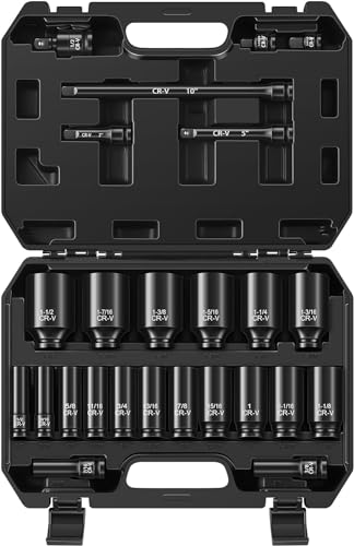 Aloanes 25-Piece 1/2" Drive Socket Set, SAE (3/8"- 1-1/2"), Deep Sockets, 1/2" F to 3/8" M Reducer,3/8" F to 1/2" M Reducer, Universal Joint, Extension Bars, 6 Point, Cr-V - size: 1/2" 25 PCS SAE