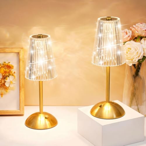 Liliful 2 Pcs Cordless Table Lamp Rechargeable Touch LED Small Gold Portable Battery Operated USB-c Desk Lamp 3 Color Dimmable for Bedroom Living Room Dining (Gold,Small Stripes) - color: Small Stripes, size: Gold