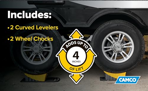 Camco Curved Camper/RV Leveler & Wheel Chock - Features Heavy Duty Honeycomb Design & Includes Non-Slip Rubber Grippers on Wheel Chock - Compatible w/Trailers Up to 30,000 lbs - 2-Pk (21021) - size: Pack of 2