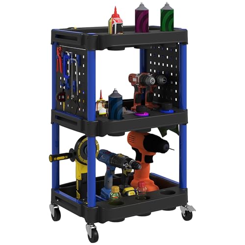 HOMCOM 3-Tier Rolling Tool Cart with Wheels, 200 LBS, Black and Dark Blue | Plastic Utility Cart, Side Shelves, Mobile Service Tool Organizer, Garage Warehouse Workshop - color: Black and Dark Blue, size: 22.2" W x 18.7" D x 35" H