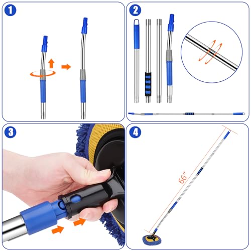Car Wash Mop Set, Max 66" Car Wash Brush, for RV, SUV, Truck Cleaning Mop | 15° Curved Extension Pole, Includes Replacement Brush Heads, Towels, and Car Wash Gloves—Soft Car Wash Mop Cleaning Tool Set