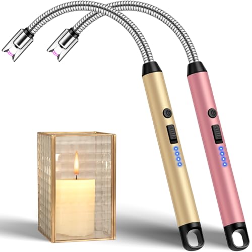 LcFun Candle Lighter Windproof USB C Electric Lighters with 360° Flexible Neck & Safety Lock, 2 Pack Flameless Lighters Long Stem Matches for Candle, Grill, BBQ, Gas Stoves (Gold & Pink) - color: Gold & Pink