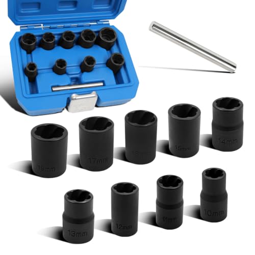 10PCS Twist Lug Nut Socket Set, 3/8" Drive Bolt Nut Extractor Tool | Metric, 10mm - 19mm Sockets, Center Punch Bar, Damaged Nut Lock Remover, Rusted, Stripped, Screws, Stuck Locking Nut Removal - color: 10 Pcs Lug Nut Extractor 3/8 Inch Drive