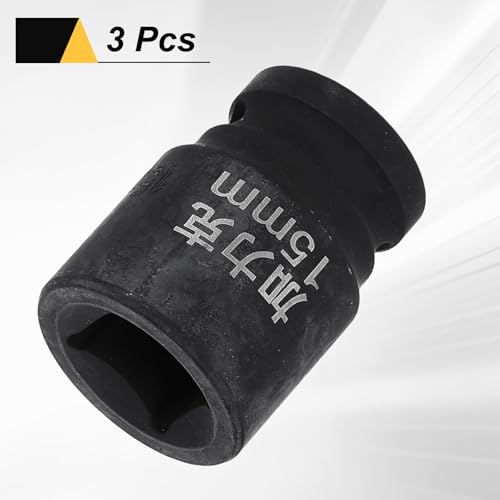 HARFINGTON 3pcs 4 Point Square Socket 1/2" Drive 15mm Metric Square Impact Socket CR-V Blackening Standard Wheel Sleeve Pneumatic Sleeve Tool for Auto Repair Mechanical Maintenance Home Use - size: 15mm
