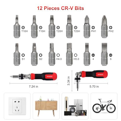 SHARDEN Ratcheting Screwdriver 13-in-1 Multibit Screwdriver All in One Screwdriver Set with Phillips, Flat Head, Torx Security, Hex, Robertson, 180 Degree Pivoting Adjustable Angled Screw Driver Set - color: Red
