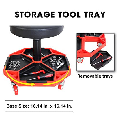 TCE ATRXF8308U Pneumatic Creeper Seat/Padded Adjustable Mechanic Stool with Removable Tool Tray Storage, 300 lb Capacity, Black/Red