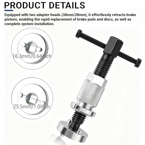 Brake Caliper Piston Tool, Disc Brake Wind Back Tool with 2 Adapters (38mm & 28mm), CR-V Steel Rear Brake Pad Replacement Tool Precision Thread Brake Piston Wind Back for Cars SUVs Trucks