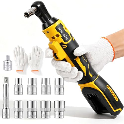 3/8" Cordless Ratchet Wrench Compatible with Dewalt 20V Battery, 74ft-lbs | 1250 RPM Brushless, LED Light, Compact Low Profile Electric Ratchet with 8 Sockets Set, 3 Inch Extension Bar - size: 3/8"