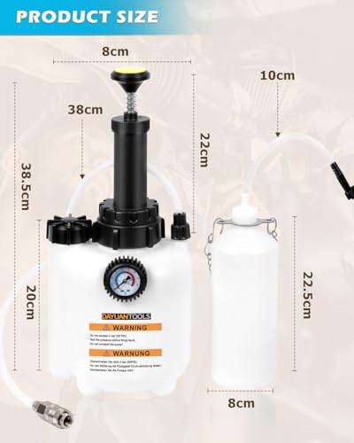 DAYUAN 3L Hand Brake Fluid Bleeder Bleeding One Man Tool Kit | Fits Most European Models, Quick Release & Locking Chuck, E20 Adapter, 3L Pressure Tank, 1L Suction Tank