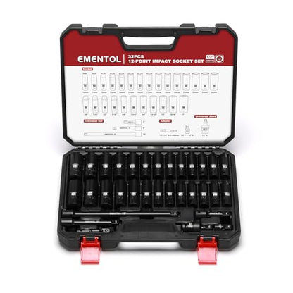 EMENTOL 32PCS 1/2" Drive Socket Set, Deep Impact Sockets, SAE(3/8"-1") and Metric(10-24mm), Including Extension Bars, Universal Joint, Drill&Socket Adapter, 12 Point Design, Cr-V Steel - size: 1/2" Drive Metric(10-24mm) & SAE(3/8"-1"),Deep