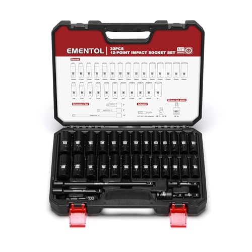 EMENTOL 32PCS 1/2" Drive Socket Set, Deep Impact Sockets, SAE(3/8"-1") and Metric(10-24mm), Including Extension Bars, Universal Joint, Drill&Socket Adapter, 12 Point Design, Cr-V Steel - size: 1/2" Drive Metric(10-24mm) & SAE(3/8"-1"),Deep
