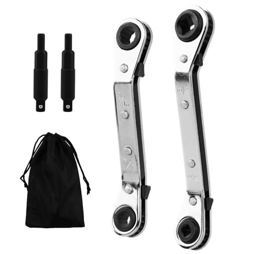 2Pcs HVAC Service Wrench Set, Air Conditioner Valve Ratchet Wrench 3/16” to 3/8” 5/16'' x 1/4'' with 2 Hexagon Bit Adapter Kit, for Air Refrigeration and Equipment Repair Tools