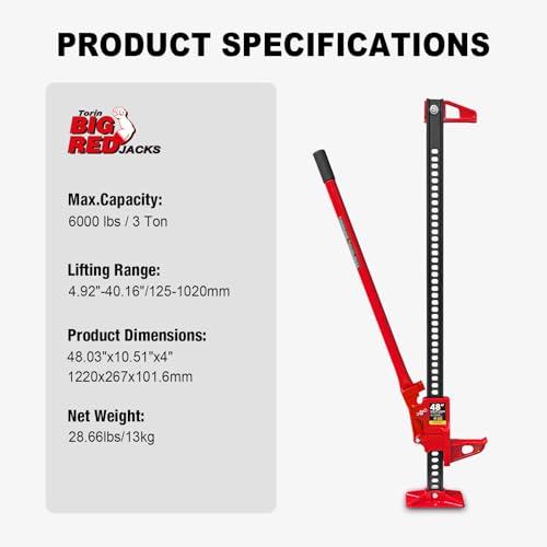 BIG RED TR6501B Torin 48" Ratcheting Off Road Utility Farm Jack, 3 Ton (6,000 lb) Capacity, Red - size: 48 inch Red