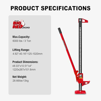 BIG RED TR6501B Torin 48" Ratcheting Off Road Utility Farm Jack, 3 Ton (6,000 lb) Capacity, Red - size: 48 inch Red